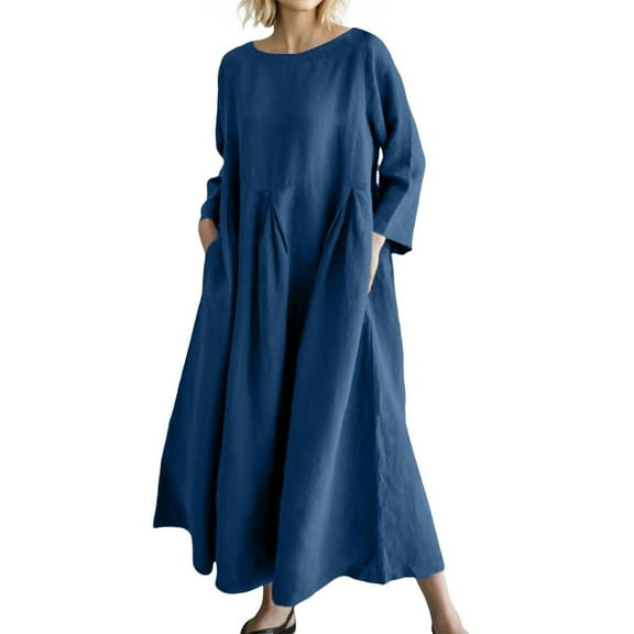 WTOBBY Fashionable Solid-Color Round-Neck Long-Sleeve Loose Swing Pocket Dress for Ladies Flowy A-Line Silhouette with Functional Pockets Casual Chic for Everyday Outings and Errands,Navy S