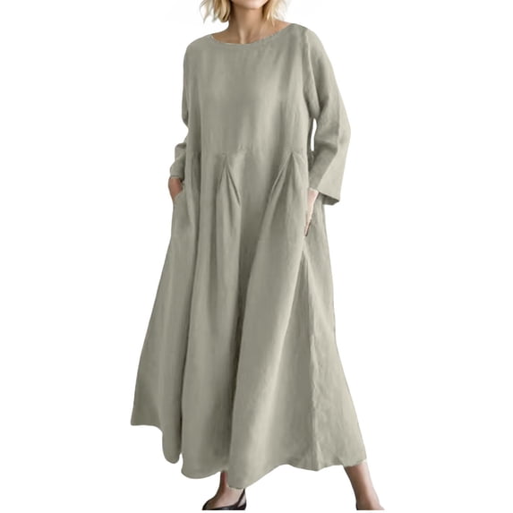 WTOBBY Fashionable Solid-Color Round-Neck Long-Sleeve Loose Swing Pocket Dress for Ladies Flowy A-Line Silhouette with Functional Pockets Casual Chic for Everyday Outings and Errands,Beige XL