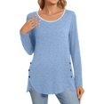 thumbnail image 1 of WTOBBY Fashionable Women's Long Sleeve Solid Color Button Detail Top Round Neck Casual Wear Breathable Material Perfect for Office or Weekend Layering Piece Stretch Fit,Sky Blue XL, 1 of 5