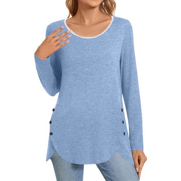WTOBBY Fashionable Women's Long Sleeve Solid Color Button Detail Top Round Neck Casual Wear Breathable Material Perfect for Office or Weekend Layering Piece Stretch Fit,Sky Blue S