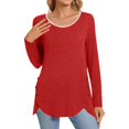 thumbnail image 1 of WTOBBY Fashionable Women's Long Sleeve Solid Color Button Detail Top Round Neck Casual Wear Breathable Material Perfect for Office or Weekend Layering Piece Stretch Fit,Red L, 1 of 5