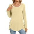 thumbnail image 1 of WTOBBY Fashionable Women's Long Sleeve Solid Color Button Detail Top Round Neck Casual Wear Breathable Material Perfect for Office or Weekend Layering Piece Stretch Fit,Beige L, 1 of 5