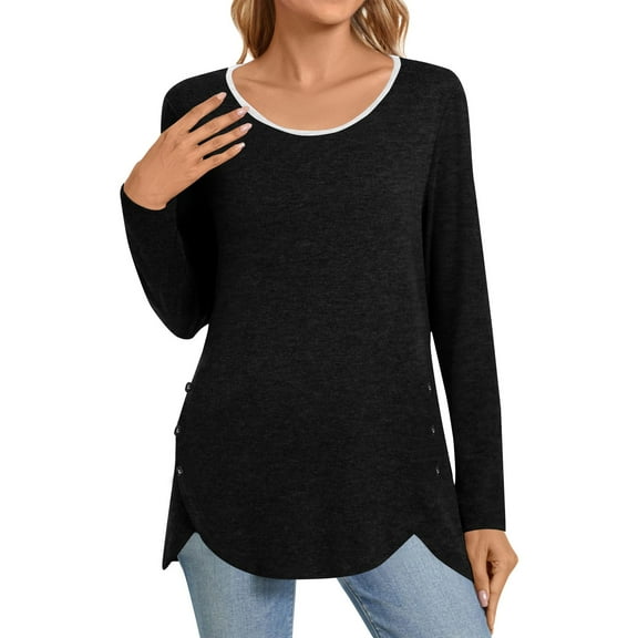 WTOBBY Fashionable Women's Long Sleeve Solid Color Button Detail Top Round Neck Casual Wear Breathable Material Perfect for Office or Weekend Layering Piece Stretch Fit,Black S