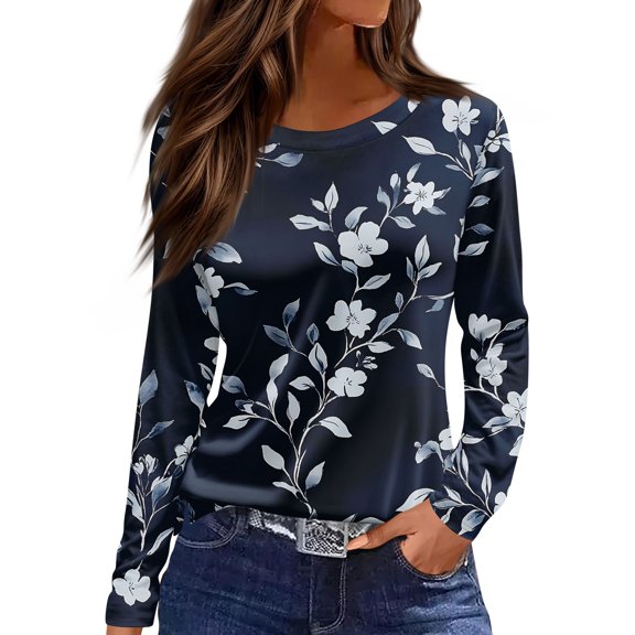 WTOBBY Floral Print Women's Long Sleeve Loose Hem Slit Round Neck T-shirt Top Casual Fashion Wear Breathable Material Comfort Fit Lightweight Fabric Versatile Design for Outfit,Navy L