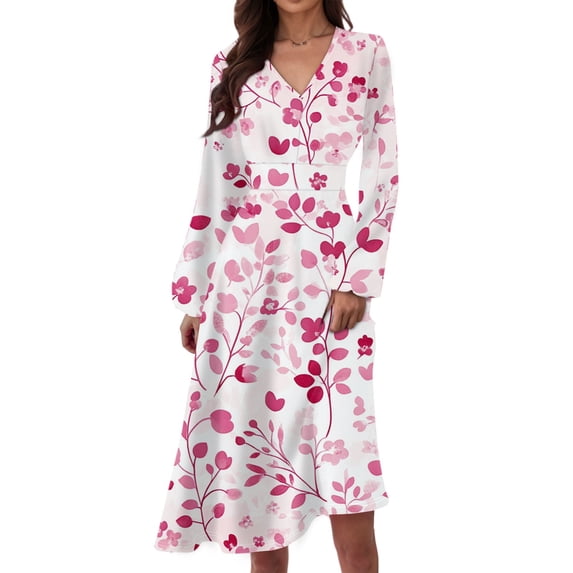 WTOBBY Floral Print Women's V-Neck Casual Long Sleeve Long Dress with Waist Accent Romantic Design for Tall Silhouette Comfortable Fit for All-Day Wear,Pink XL