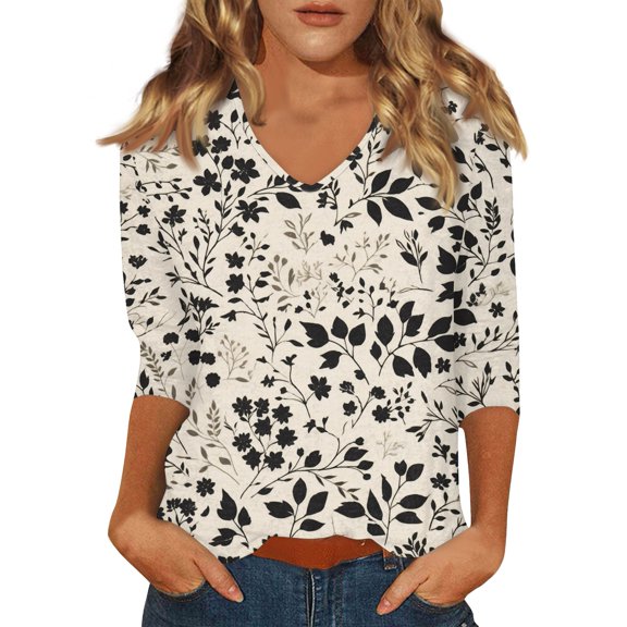 WTOBBY Floral Print Women's V-Neck Top Featuring 3/4 Sleeve, Great for Casual Occasions, Spring Fall Season, Daily Wear, and Weekend Activities,Black L