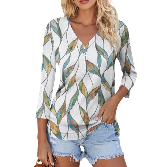 WTOBBY Floral Print Women's V-Neck Top Featuring Button Accent and 3/4 Sleeve, Sexy Comfortable Design for Evening Events, Parties, and Casual Spring Fall Fashion,Army Green XL