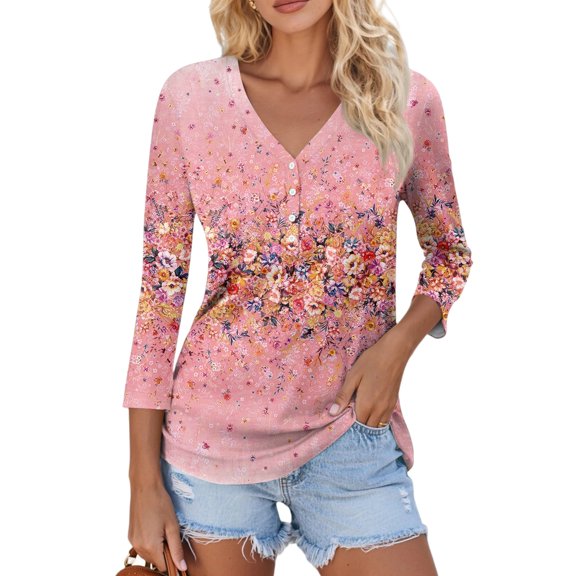 WTOBBY Floral Print Women's V-Neck Top Featuring Button Accent and 3/4 Sleeve, Sexy Comfortable Design for Evening Events, Parties, and Casual Spring Fall Fashion,Pink M