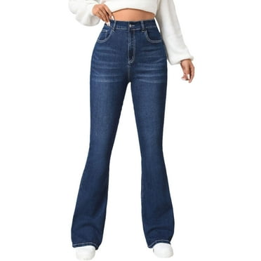 WTOBBY Girls' Fashion Stretch High Waist Slim Flare Jeans, Embroidered Back Pocket Denim Pants for a Trendy Look, Comfortable Fit with Flattering Silhouette,Blue L