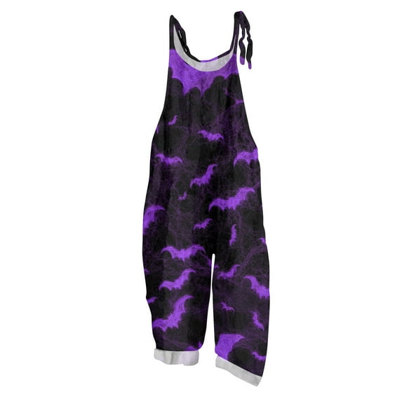 WTOBBY Halloween Bat Print Women's Jumpsuit, Vintage Loose Casual Style with Cotton Linen Material and Adjustable Shoulder Straps, Ideal for Relaxed Outfits,Dark PurpleS