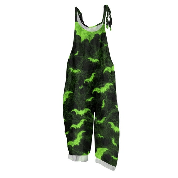 WTOBBY Halloween Bat Print Women's Jumpsuit, Vintage Loose Casual Style with Cotton Linen Material and Adjustable Shoulder Straps, Ideal for Relaxed Outfits,GreenM