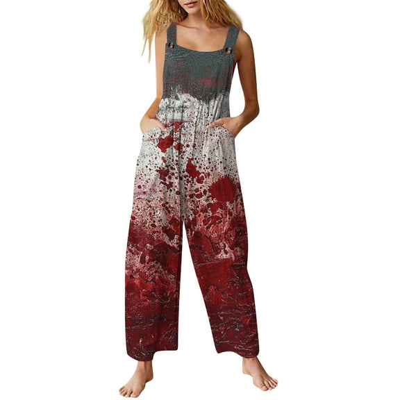 WTOBBY Halloween Printed Cotton Jumpsuit for Women, Sleeveless Casual Style with Relaxed Fit, Perfect for Warm Weather Comfort and Festive Occasions,GrayS
