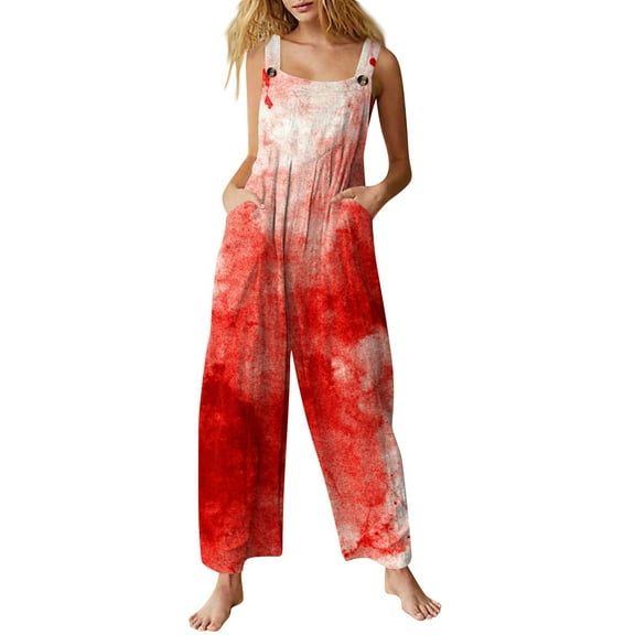 WTOBBY Halloween Printed Cotton Jumpsuit for Women, Sleeveless Casual Style with Relaxed Fit, Perfect for Warm Weather Comfort and Festive Occasions,RedM