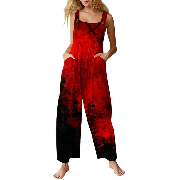 WTOBBY Halloween Printed Cotton Jumpsuit for Women, Sleeveless Casual Style with Relaxed Fit, Perfect for Warm Weather Comfort and Festive Occasions,VermilionS