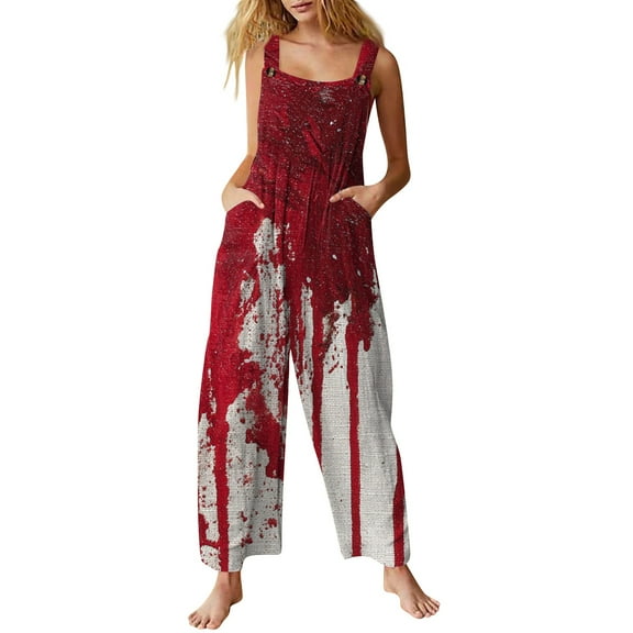 WTOBBY Halloween Printed Cotton Jumpsuit for Women, Sleeveless Casual Style with Relaxed Fit, Perfect for Warm Weather Comfort and Festive Occasions,WineL