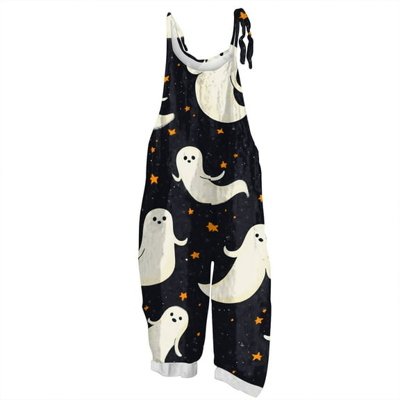 WTOBBY Halloween Printed Women's Jumpsuit, Casual Loose Retro Design with Suspenders in Cotton Linen Blend, Ideal for Relaxed and Fashionable Wear,WhiteXL