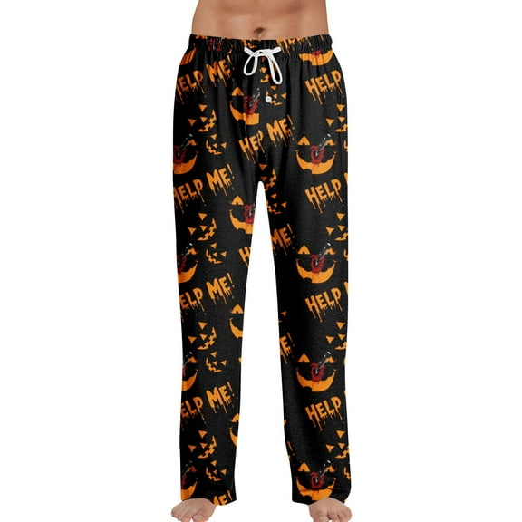 WTOBBY Halloween Themed Men's Casual Pajama Pants with Drawstring Elastic Waist, Comfortable Sleepwear Loose Fit for Lounge, Yoga, and Home Wear, Fun Print Design,Saffron M