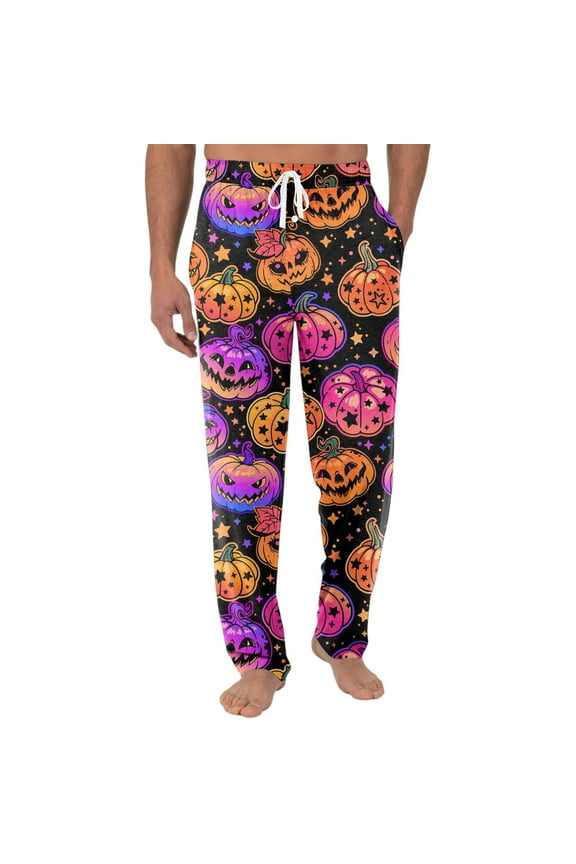Halloween Themed Men's Knitted Pocket Lounge Pants , Casual Comfortable Pajama Sleepwear with Fun Print, Perfect for Indoor Lounging and Cozy Home Nights,Gold 3XL