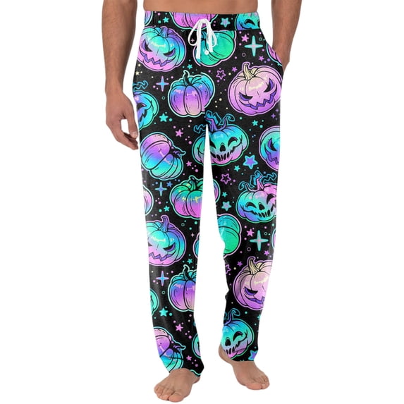 WTOBBY Halloween Themed Men's Knitted Pocket Lounge Pants , Casual Comfortable Pajama Sleepwear with Fun Print, Perfect for Indoor Lounging and Cozy Home Nights,Light Purple L