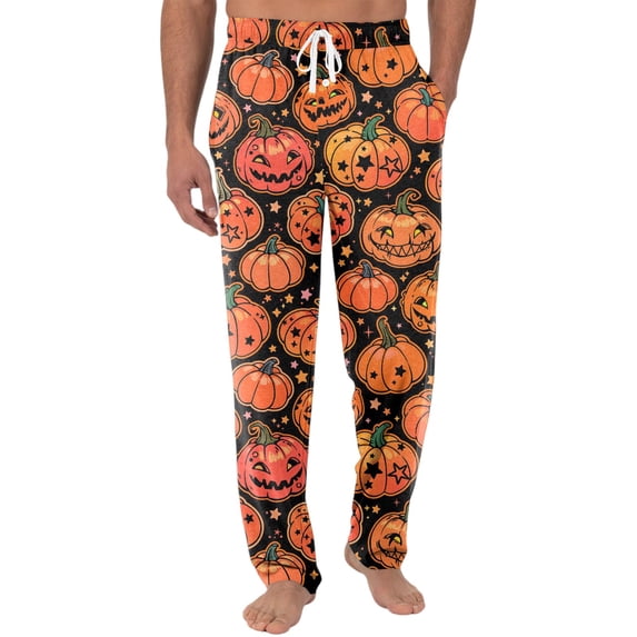 WTOBBY Halloween Themed Men's Knitted Pocket Lounge Pants , Casual Comfortable Pajama Sleepwear with Fun Print, Perfect for Indoor Lounging and Cozy Home Nights,Saffron M