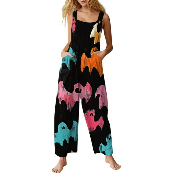 WTOBBY Halloween Themed Women's Casual Jumpsuit in Sleeveless Cotton Design, Printed for Style, Comfortable Loose Fit Perfect for Daily Activities,PinkS