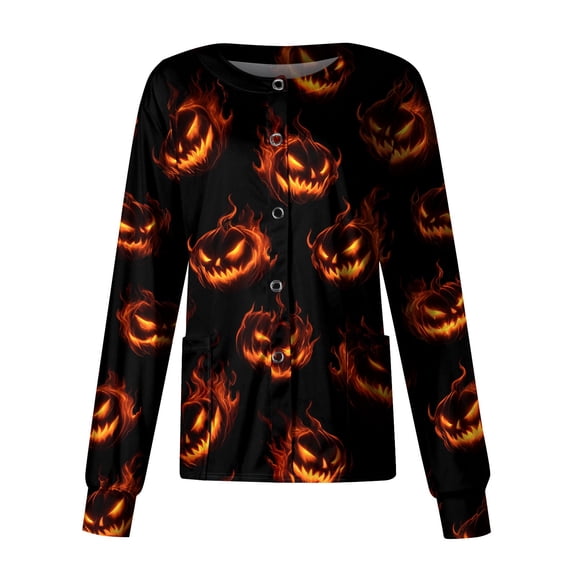 WTOBBY Halloween Themed Women's Dry Nurse Top Casual Long Sleeve Single Breasted Button Down Shirt - Ideal for Costume Parties and Professional Medical Workwear Attire,Black S