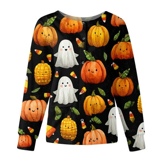 WTOBBY Halloween Themed Women's Workwear Jacket Tops with Long Sleeve Standing Collar Single Breasted Design - Casual Fashion Jacket for Nurses and Daily Professional Wear,Orange M