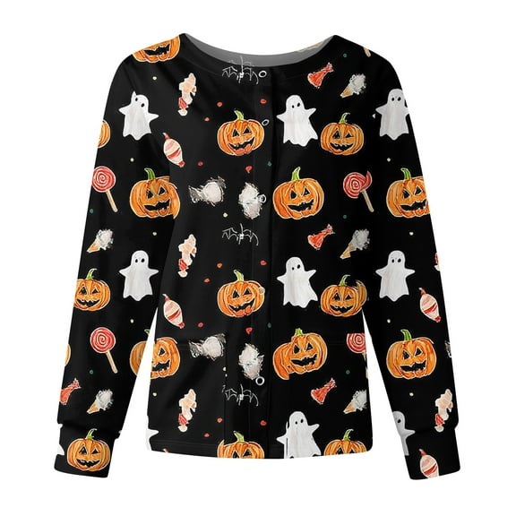 WTOBBY Halloween Themed Women's Workwear Jacket Tops with Long Sleeve Standing Collar Single Breasted Design - Casual Fashion Jacket for Nurses and Daily Professional Wear,White 2XL