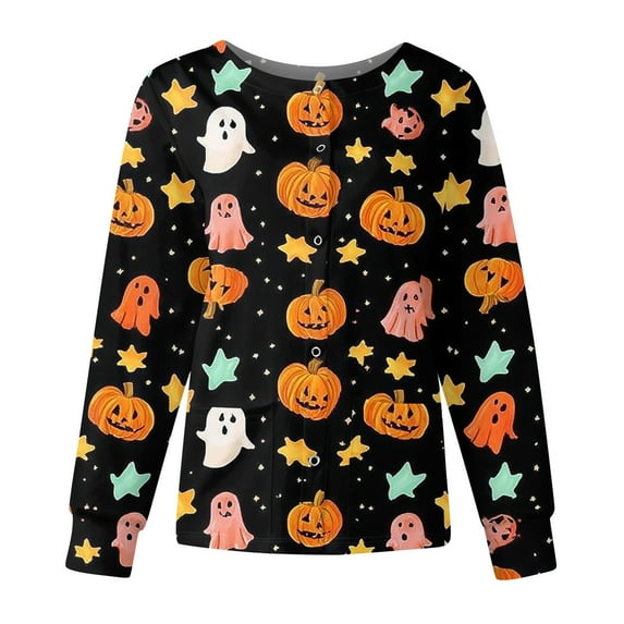 WTOBBY Halloween Themed Women's Workwear Jacket Tops with Long Sleeve Standing Collar Single Breasted Design - Casual Fashion Jacket for Nurses and Daily Professional Wear,Navy 4XL