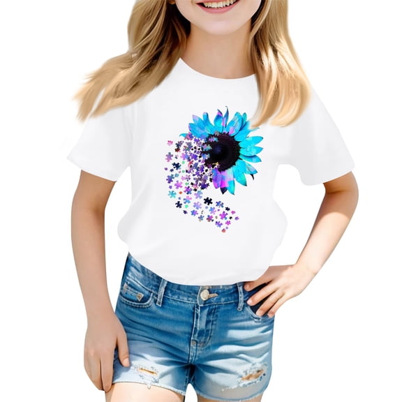 WTOBBY Kids Floral Small Print Round Neck Short Sleeve Casual T-Shirt Top for Children - Great for Everyday Wear, Summer Outings, and School,White 100