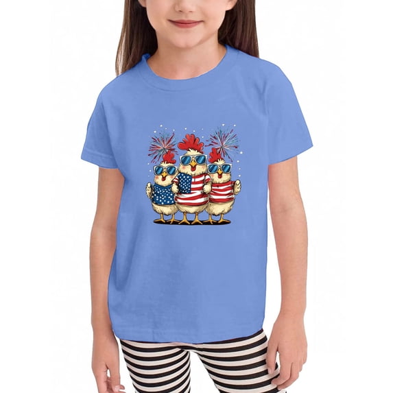 WTOBBY Kids Independence Day Small Print Casual T-Shirt Top with Short Sleeve Round Neck for Toddler Girls - Perfect for July 4th Celebrations,Light Blue 110