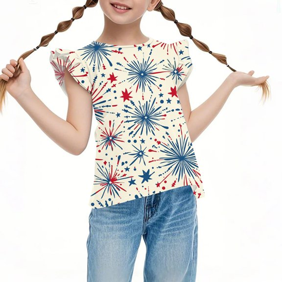 WTOBBY Kids Pleated Short Sleeve Cute Floral Print Round Neck Casual Top for Children - Ideal for Girls, Independence Day Celebrations,Beige 150