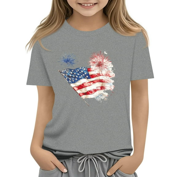 WTOBBY Kids Round Neck Independence Day Short Sleeve Casual T-Shirt Top for Children - Great for Girls and Boys, July 4th Activities,Light Gray 140