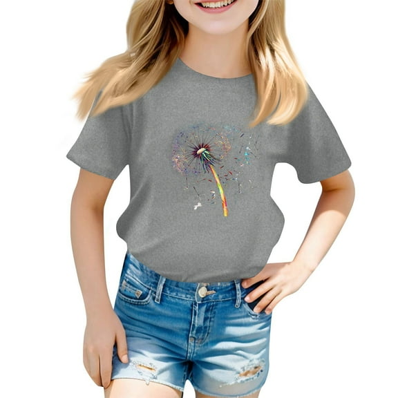 WTOBBY Kids Round Neck Short Sleeve Floral Small Print Casual T-Shirt Top for Toddlers - Perfect for School, Playtime, and Summer Activities,Gray 120