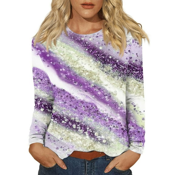 WTOBBY Ladies Casual Collage Print Long Sleeve Round Neck Hem Slit Top Fashion Daily Wear Comfort Fit Soft Fabric Stylish Layering Piece for Versatile Outfit Ideal for Season,Light Purple M
