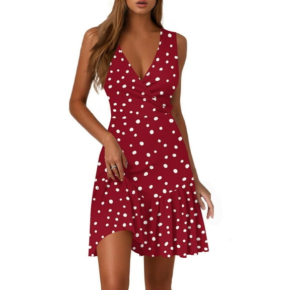 WTOBBY Ladies Casual Fashion V-Neck Sleeveless Floral Print Dress for Summer Daily Wear with Lightweight and Comfortable Fabric,Deep Red 2XL