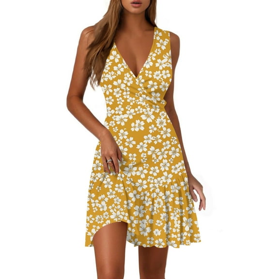 WTOBBY Ladies Casual Fashion V-Neck Sleeveless Floral Print Dress for Summer Daily Wear with Lightweight and Comfortable Fabric,Earthy Yellow L