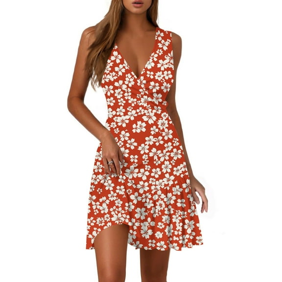 WTOBBY Ladies Casual Fashion V-Neck Sleeveless Floral Print Dress for Summer Daily Wear with Lightweight and Comfortable Fabric,Vermilion XL