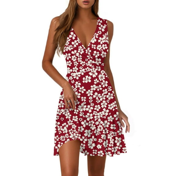 WTOBBY Ladies Casual Fashion V-Neck Sleeveless Floral Print Dress for Summer Daily Wear with Lightweight and Comfortable Fabric,Wine L