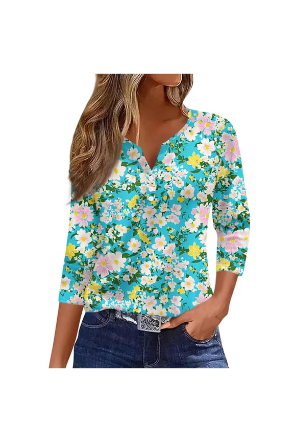 Ladies Casual Fashion V-Neck Top Featuring Floral Print, Loose Fit, and 3/4 Sleeve, Great for Spring Fall Transitions, Weekend Activities, and Daily Wear,Cyan L