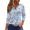 thumbnail image 1 of WTOBBY Ladies Casual Fashion V-Neck Top Featuring Floral Print, Loose Fit, and 3/4 Sleeve, Great for Spring Fall Transitions, Weekend Activities, and Daily Wear,Light Blue L, 1 of 5