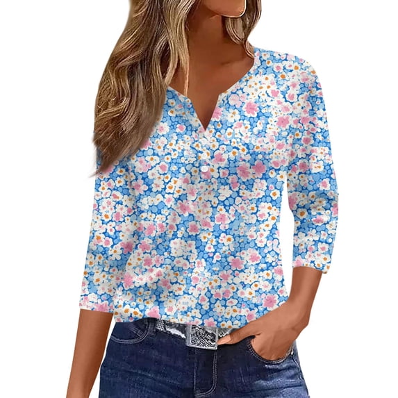 WTOBBY Ladies Casual Fashion V-Neck Top Featuring Floral Print, Loose Fit, and 3/4 Sleeve, Great for Spring Fall Transitions, Weekend Activities, and Daily Wear,Light Blue L
