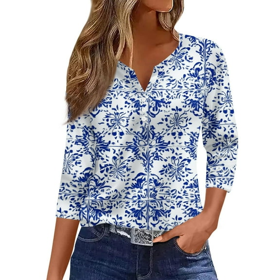 WTOBBY Ladies Casual Fashion V-Neck Top Featuring Floral Print, Loose Fit, and 3/4 Sleeve, Great for Spring Fall Transitions, Weekend Activities, and Daily Wear,Sky Blue L