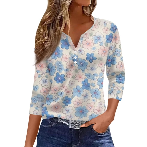 WTOBBY Ladies Casual Fashion V-Neck Top Featuring Floral Print, Loose Fit, and 3/4 Sleeve, Great for Spring Fall Transitions, Weekend Activities, and Daily Wear,Turquoise XL