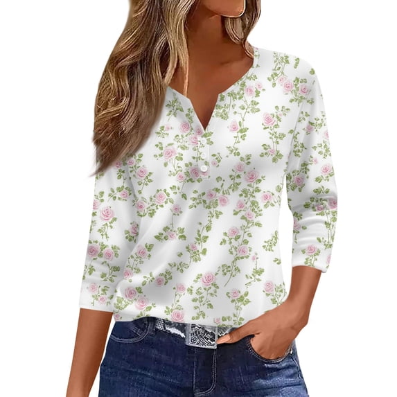 WTOBBY Ladies Casual Fashion V-Neck Top Featuring Floral Print, Loose Fit, and 3/4 Sleeve, Great for Spring Fall Transitions, Weekend Activities, and Daily Wear,White XL