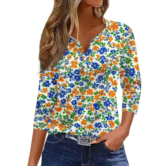 WTOBBY Ladies Casual Fashion V-Neck Top Featuring Floral Print, Loose Fit, and 3/4 Sleeve, Great for Spring Fall Transitions, Weekend Activities, and Daily Wear,Yellow L