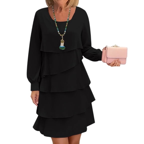 WTOBBY Ladies' Casual And Fashionable Solid Color Long Sleeved Dress - Trendy and Simple Dress for Women, Perfect for Office or Outings, with a Pure Color Palette,Black M