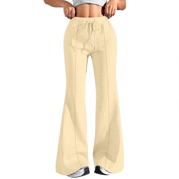 WTOBBY Ladies Fashion Loose Drawstring Waist Solid Color Cargo Pants Leisure Flares Casual Wear with Utility Pockets,Beige L