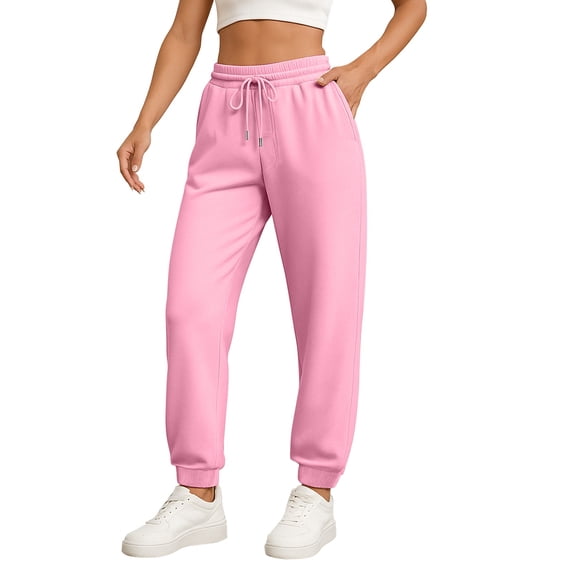 WTOBBY Ladies' Fashionable Solid Color Straight Leg Pants High Waist Drawstring Pockets Elastic Waist Casual Wear,Pink L