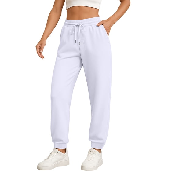 WTOBBY Ladies' Fashionable Solid Color Straight Leg Pants High Waist Drawstring Pockets Elastic Waist Casual Wear,White XL